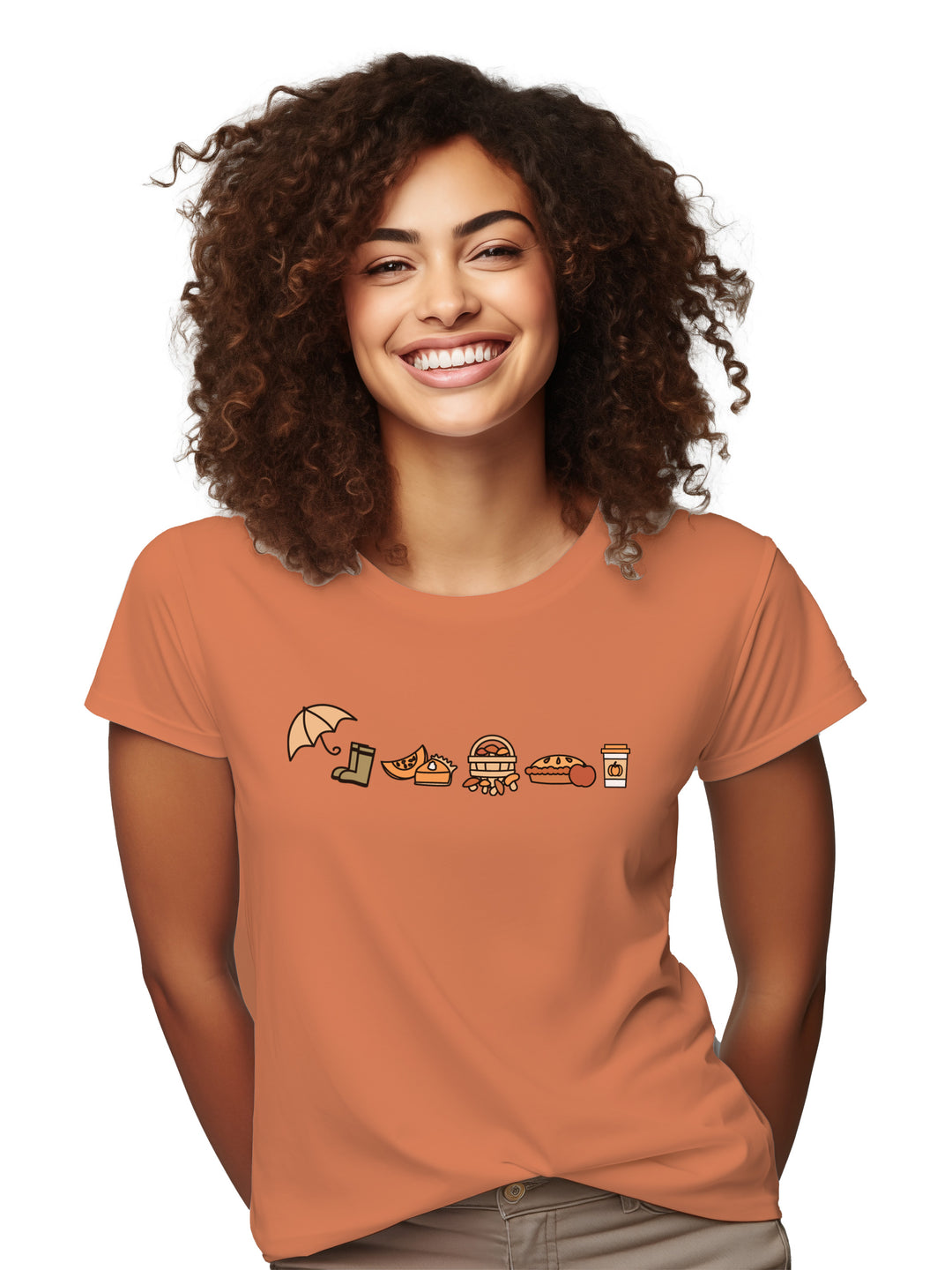 Custom Fall in Love T-Shirt in autumn orange with a front design featuring fall-themed icons. Soft and stylish, perfect for layering this season.