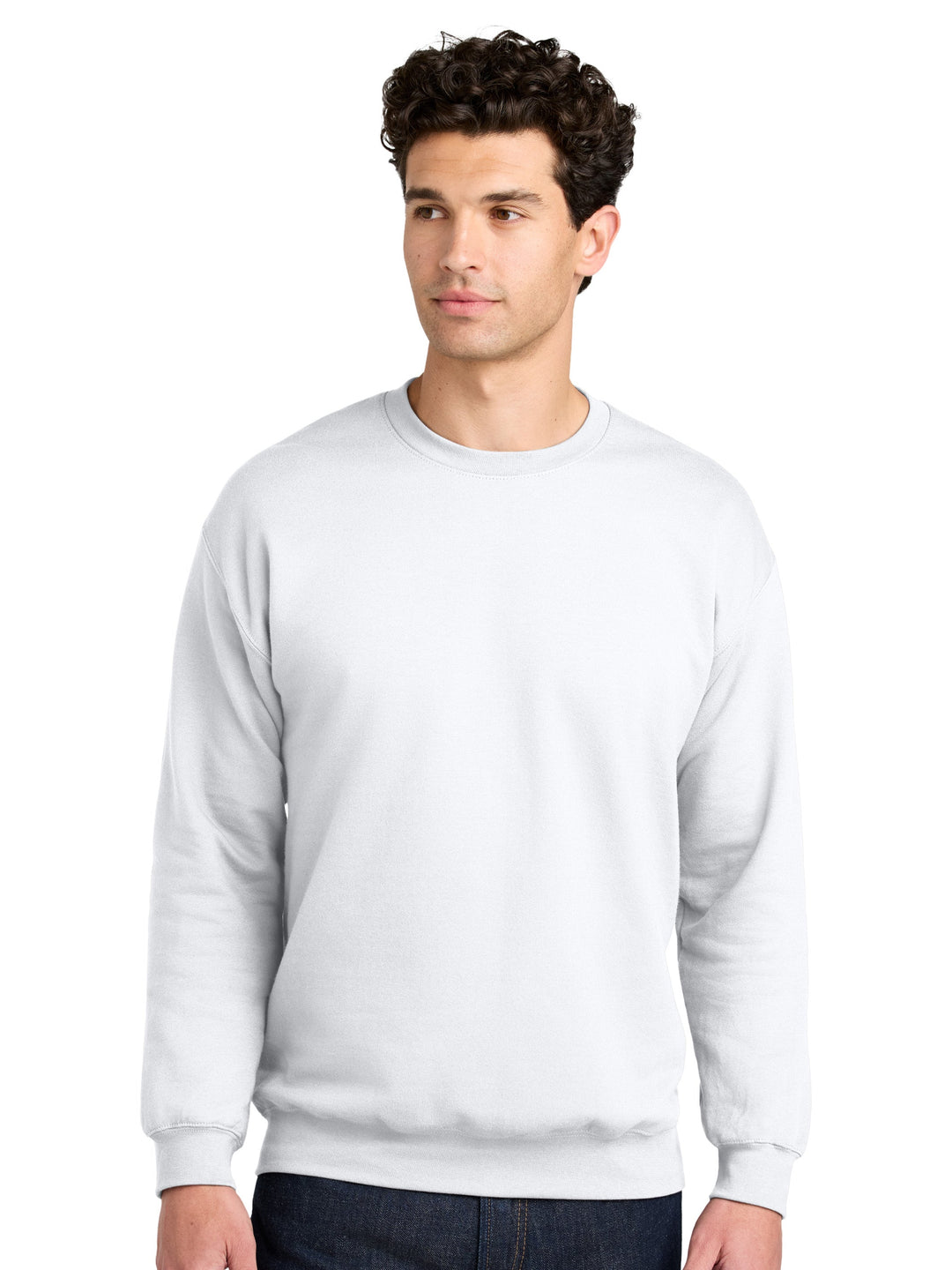 Gildan Soft Style Custom Crewneck Sweatshirt in white, featuring a classic fit and soft fabric. Perfect for customization with logos or personal designs.