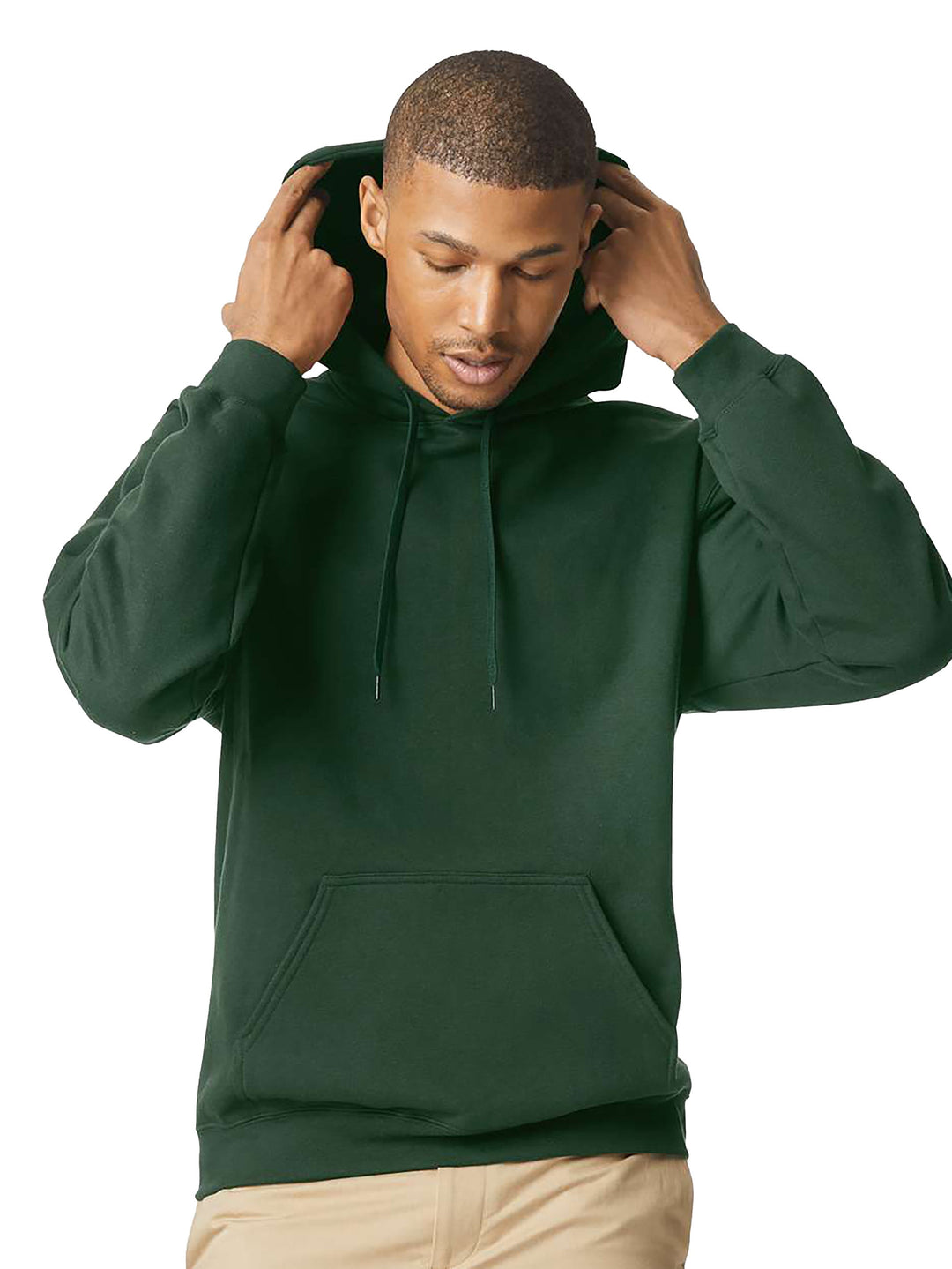 Gildan Softstyle Pullover Hooded Sweatshirt in deep green, featuring a soft fleece interior, adjustable drawstring hood, and front kangaroo pocket.