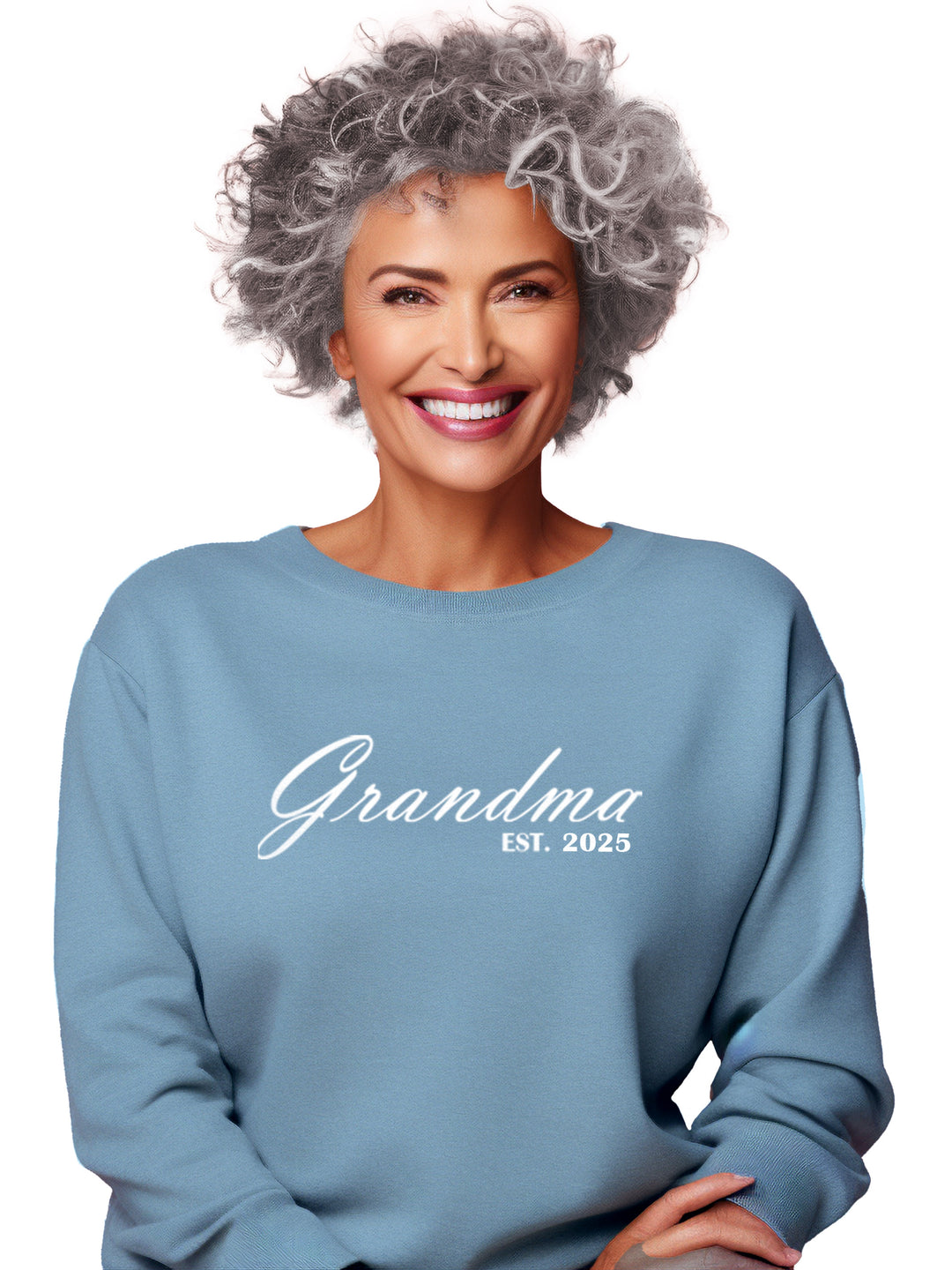 Embroidered Grandma sweatshirt in blue with 'Est. 2025' text. Customize year and colors for a personalized touch. Cozy crewneck design for comfort.