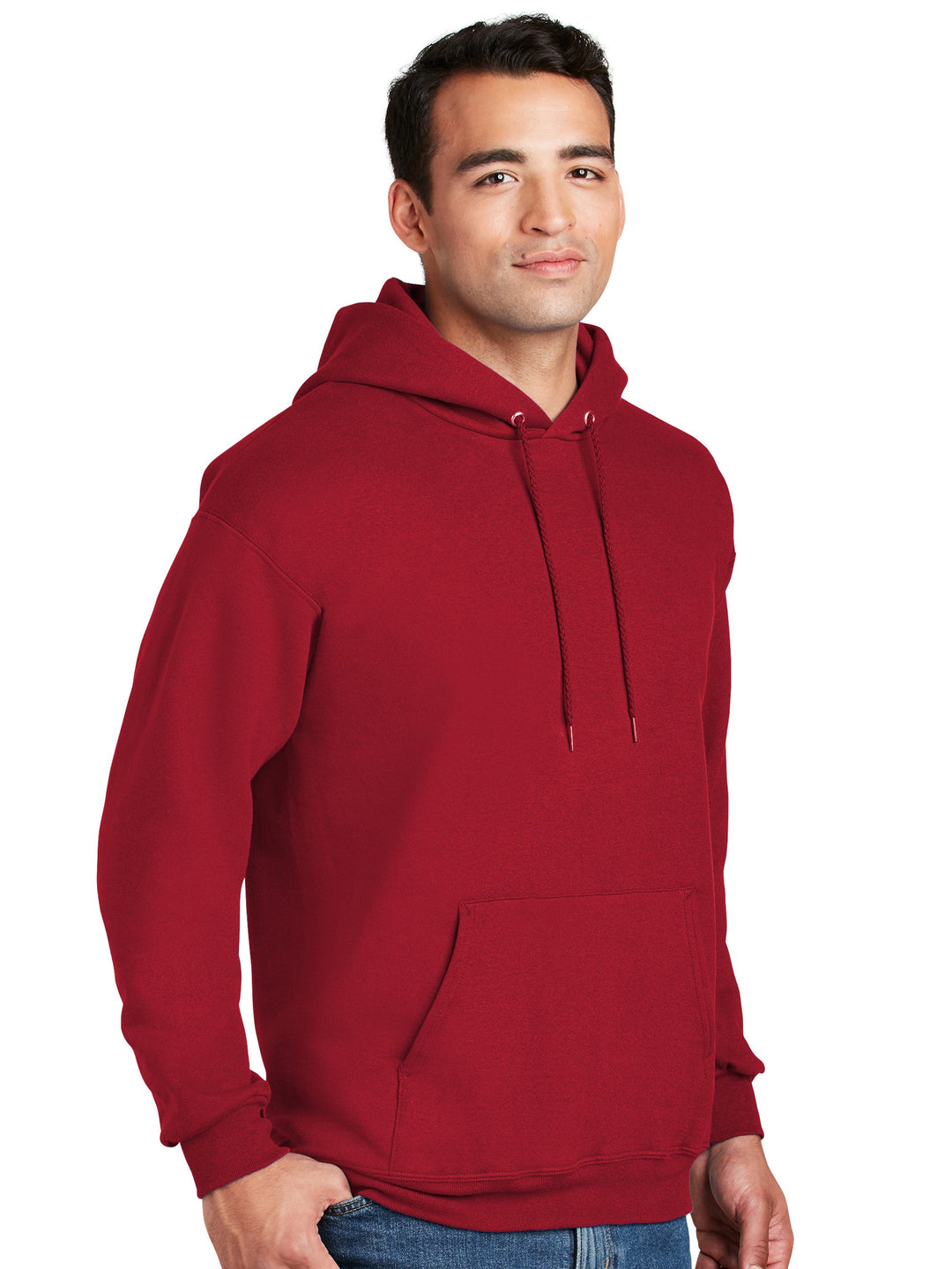 Hanes Ultimate Cotton Pullover Hoodie in deep red, featuring a classic fit, front pocket, and adjustable drawstring hood. Ideal for custom embroidery or printing.