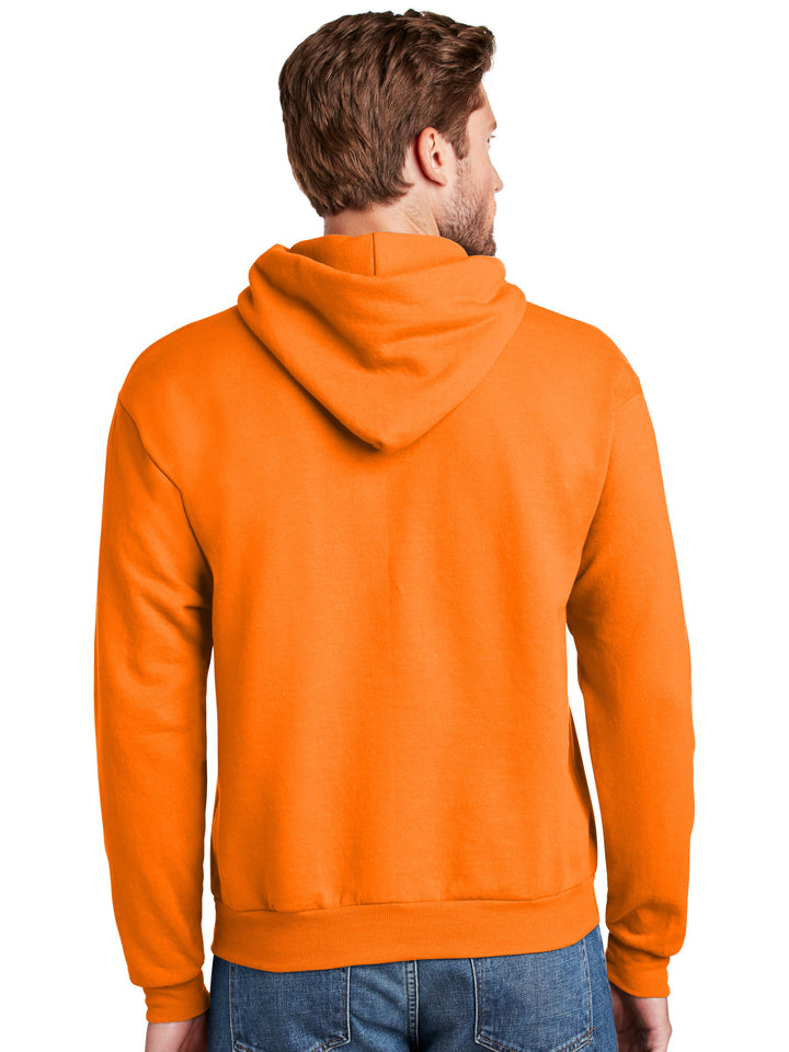 Back view of Hanes EcoSmart Pullover Hoodie in orange. Eco-friendly, cozy fleece hoodie with a spacious hood, perfect for customization.