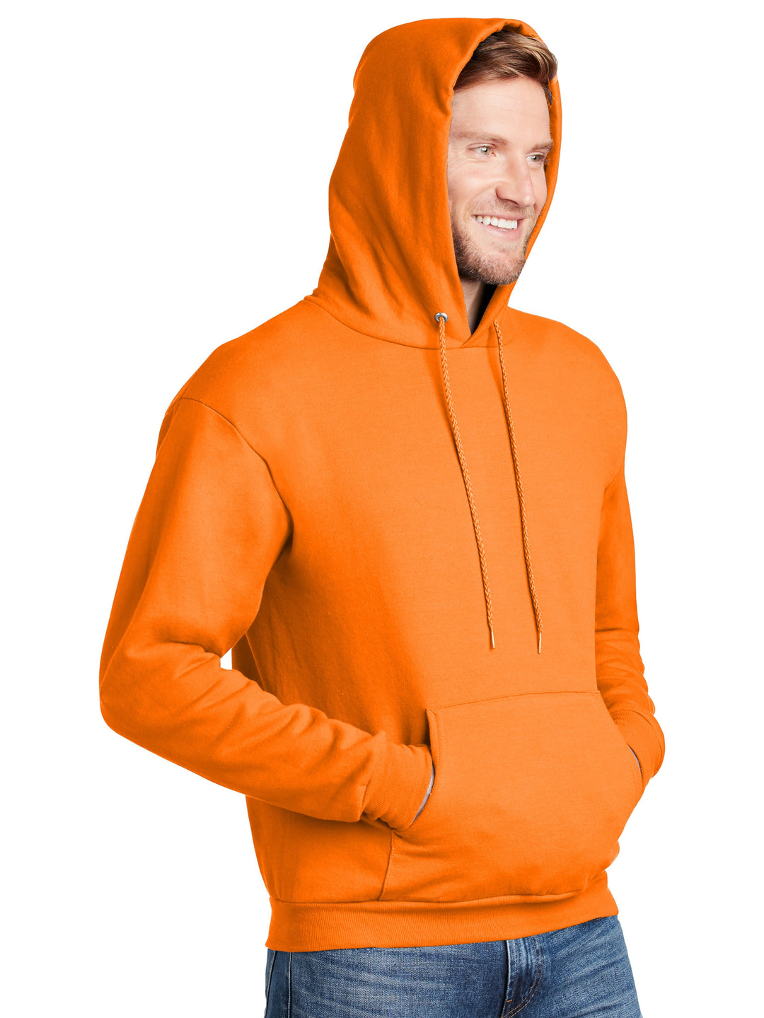 Side view of Hanes EcoSmart Pullover Hoodie in orange with hood up. Comfortable, eco-friendly fleece perfect for custom embroidery or printing.