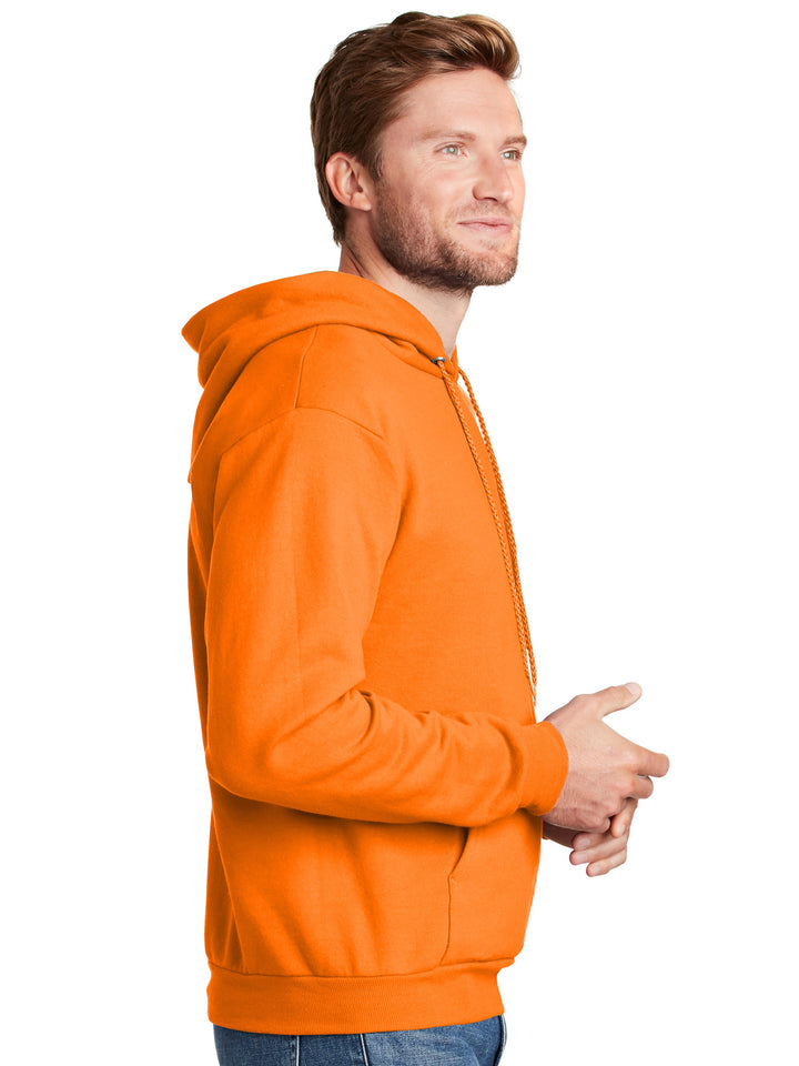 Profile view of Hanes EcoSmart Pullover Hoodie in orange. Soft, sustainable fleece ideal for custom designs, embroidery, or bulk orders.