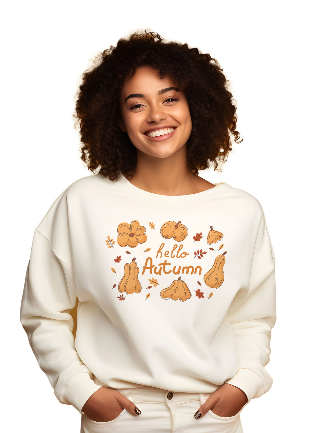 Hello Autumn crewneck sweatshirt in cream with fall-themed illustrations and text. Cozy and stylish for the season, available at Kavy's Customs.