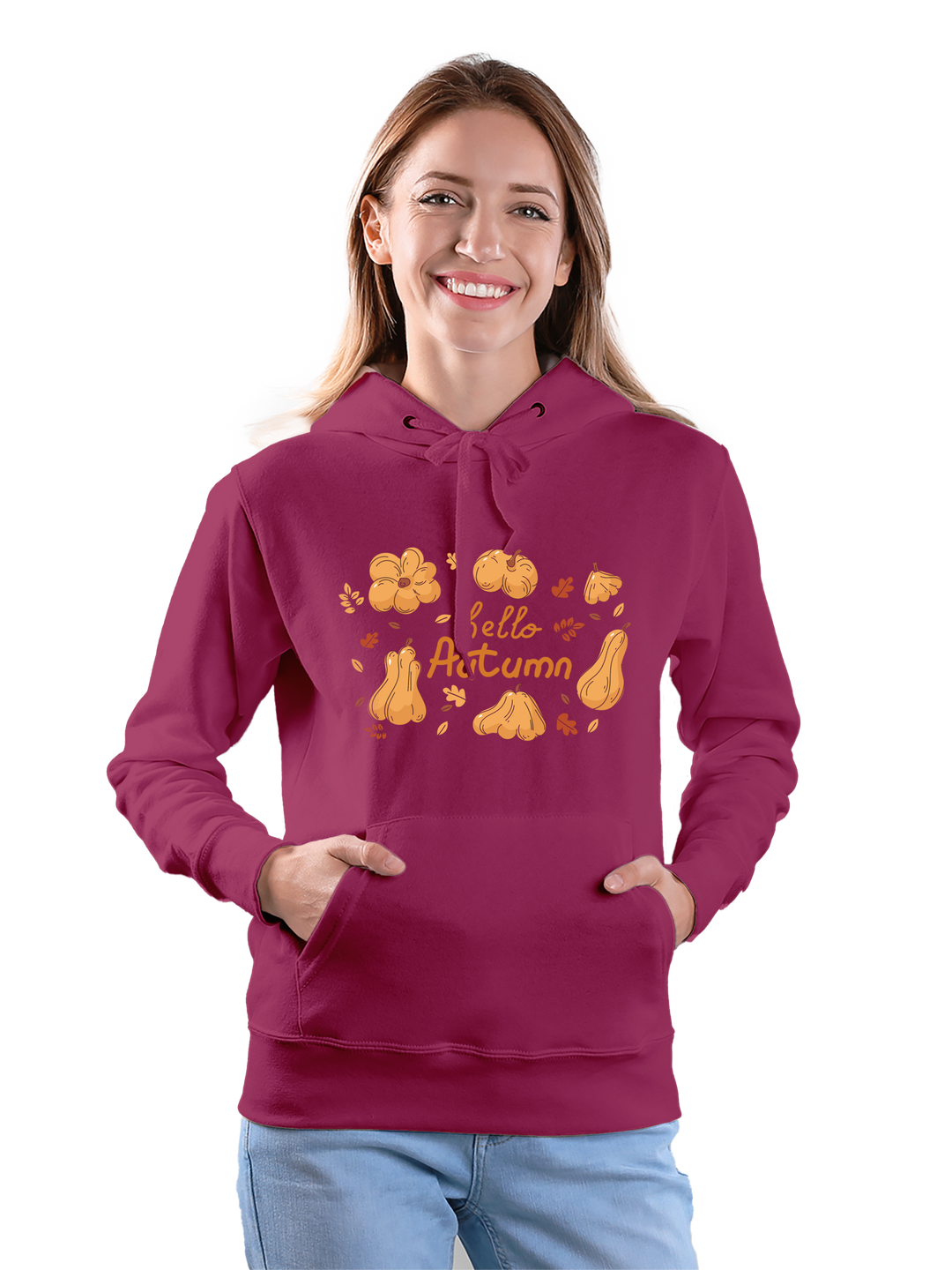 Custom 'Hello Autumn' hoodie in maroon with fall-themed design featuring pumpkins and leaves. Cozy and stylish sweatshirt for the autumn season.