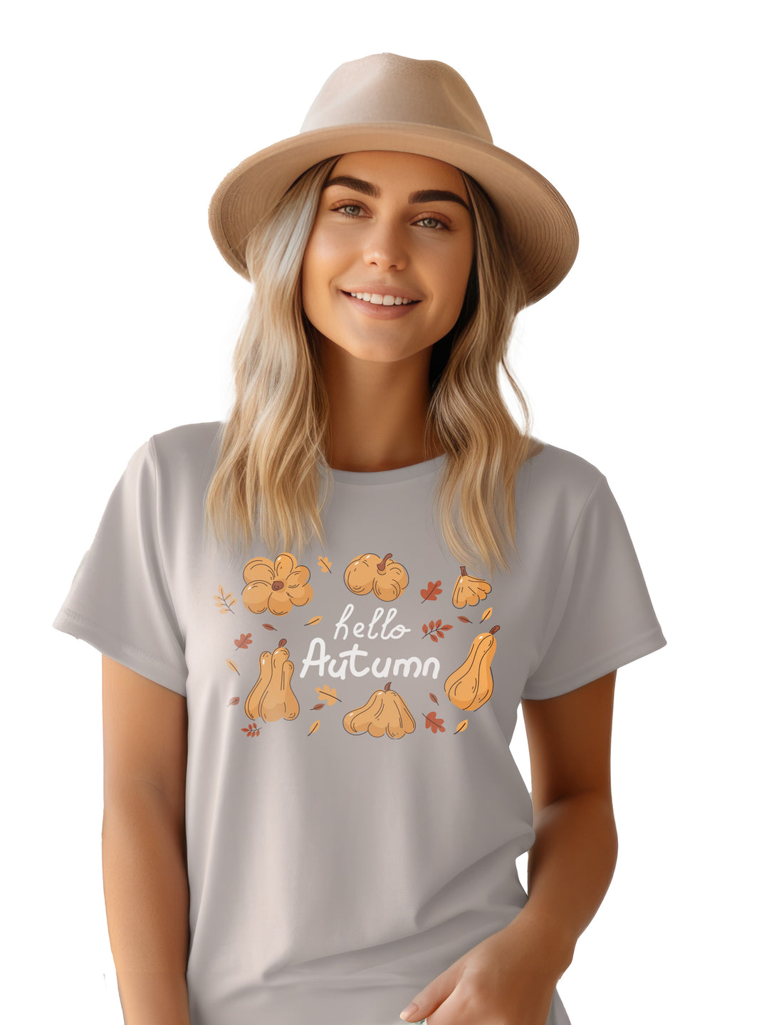 Custom 'Hello Autumn' t-shirt featuring fall-themed illustrations of pumpkins and leaves. Perfect seasonal apparel from Kavy's Customs.