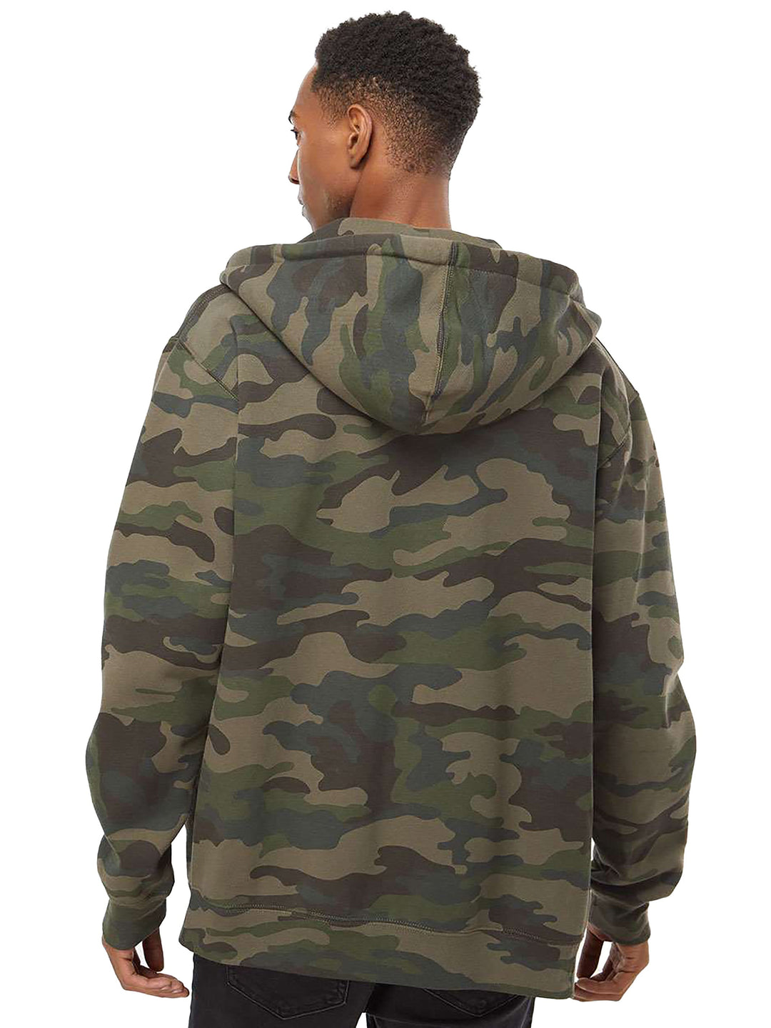 Back view of the Custom Independent Trading Co Heavyweight Full Zip Hoodie in camouflage, highlighting the hood and full coverage design.