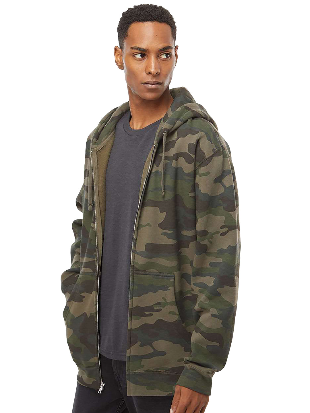Side view of the Custom Independent Trading Co Heavyweight Full Zip Hoodie in camouflage, showcasing its relaxed fit and durable fabric.