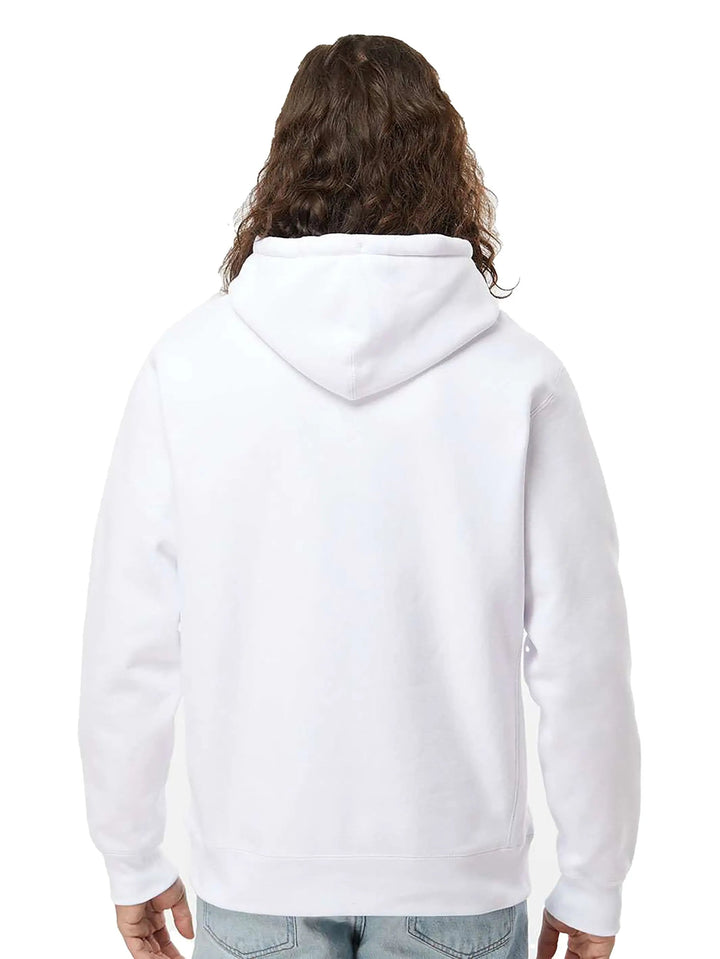 Back view of a white Independent Trading Co Premium Heavy Weight Cross-Grain Hoodie, showcasing its solid design and hood.