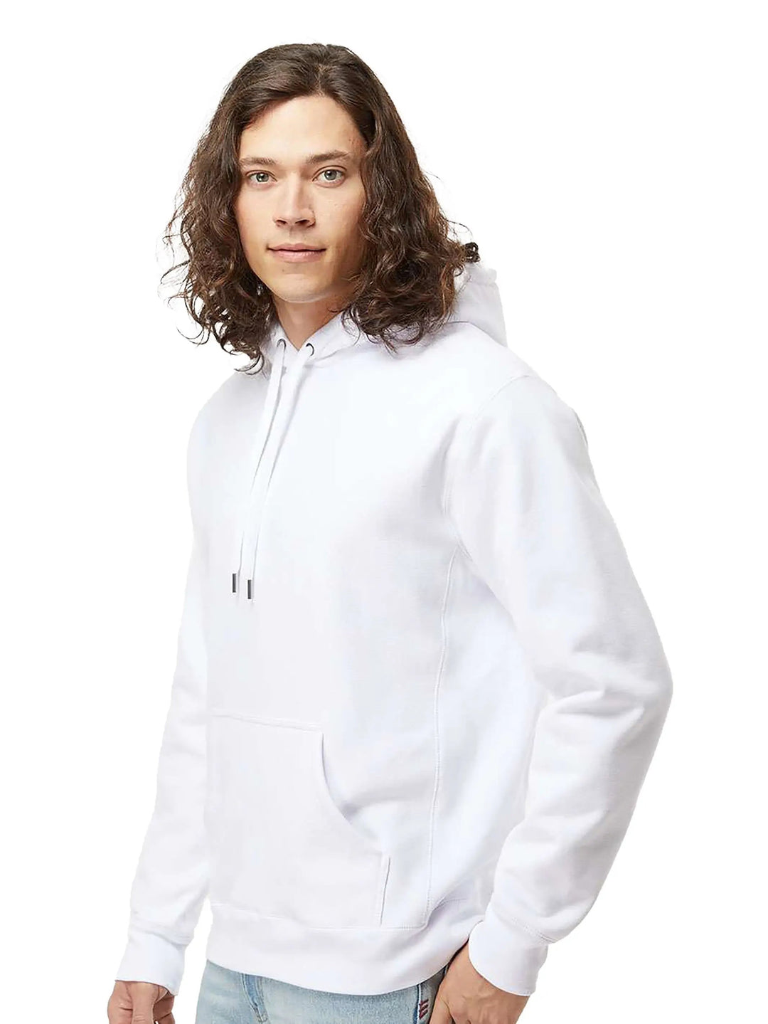 White Independent Trading Co Premium Heavy Weight Cross-Grain Hoodie with a front pocket and drawstring hood, worn by a male model.
