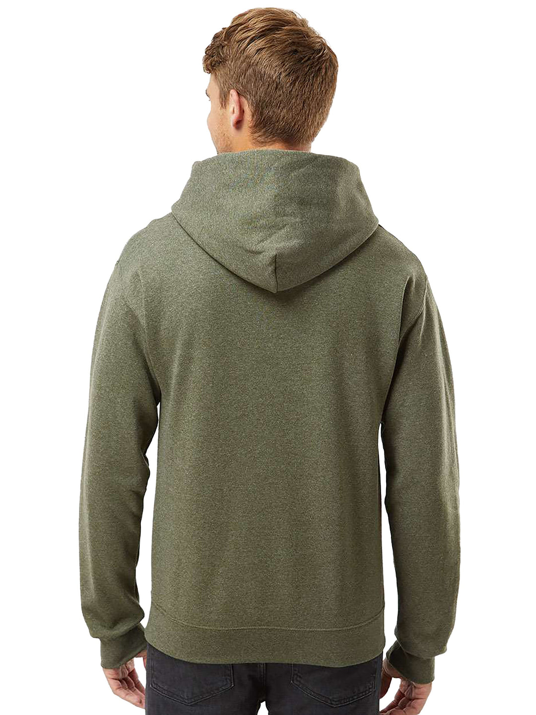 Back view of the Jerzees NuBlend Hoodie in olive green, highlighting the hood design and ribbed hem for a snug and stylish fit.