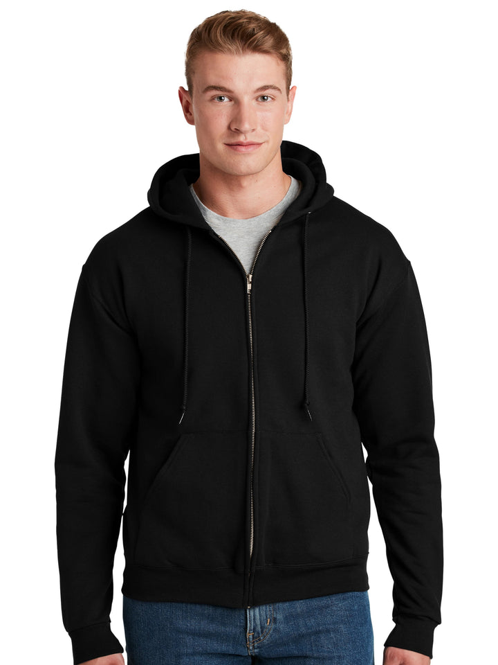 Custom Jerzees Super Sweats Full Zip Sweatshirt in black, featuring a midweight fabric, front pockets, and a drawstring hood. Ideal for embroidery or printing.