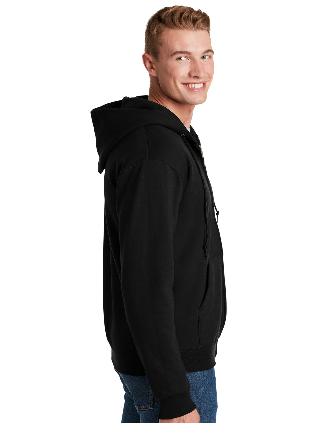 Side view of the black Jerzees Super Sweats Full Zip Sweatshirt, highlighting its relaxed fit and durable construction. Great for personalized embroidery.