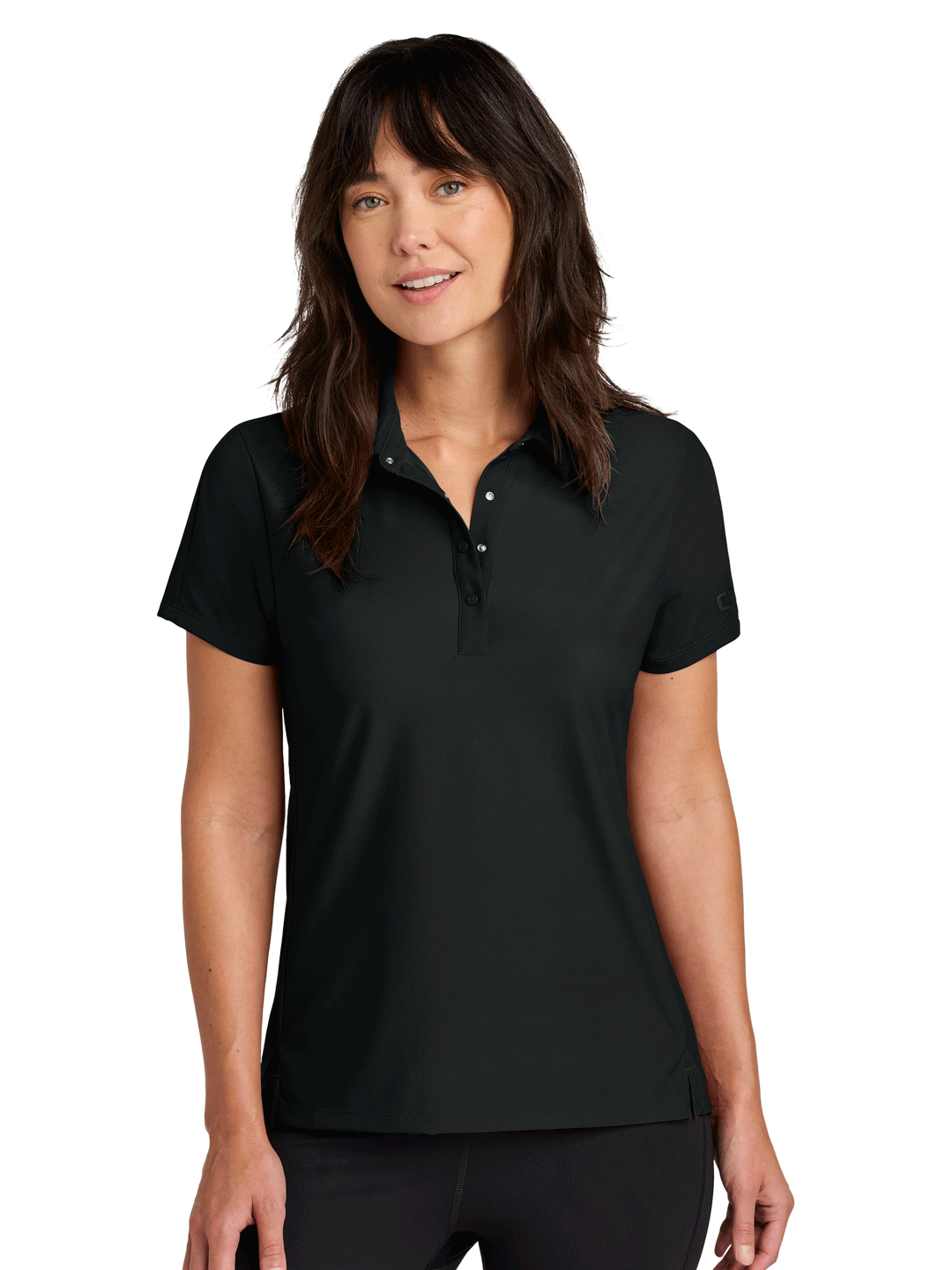 Custom OGIO Women’s Envision Polo in black, designed for personalization with embroidery or printing, ideal for uniforms or events.