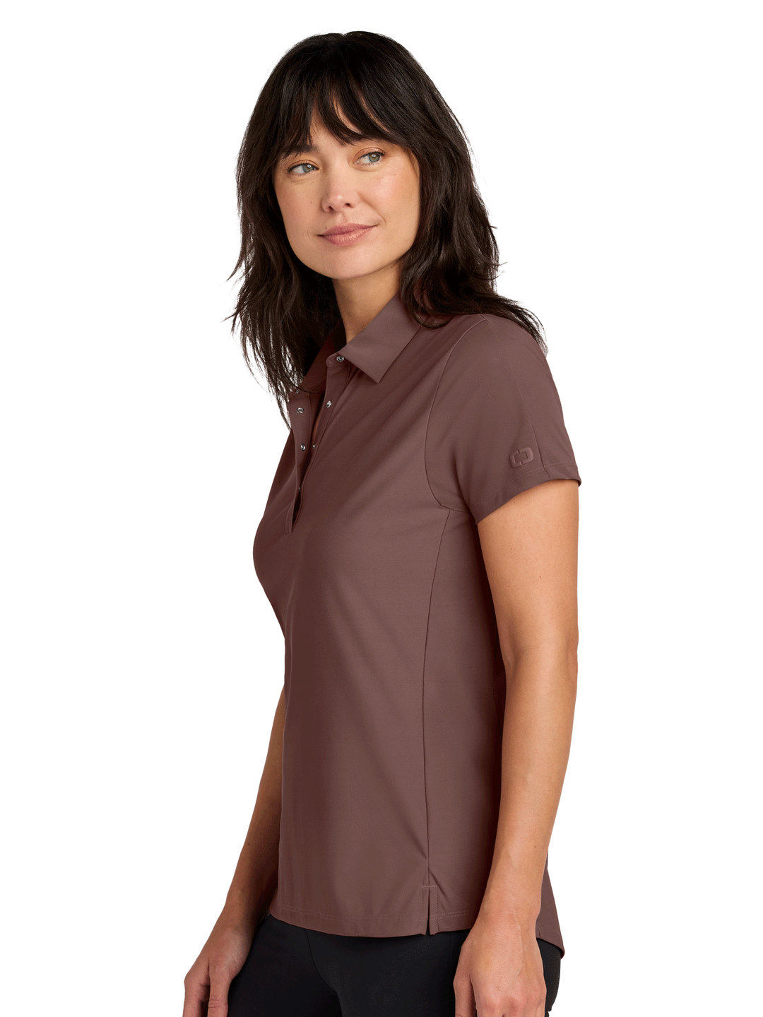 Side view of customizable OGIO Women’s Envision Polo in brown, showcasing sleek fit and breathable fabric for activewear or corporate apparel.