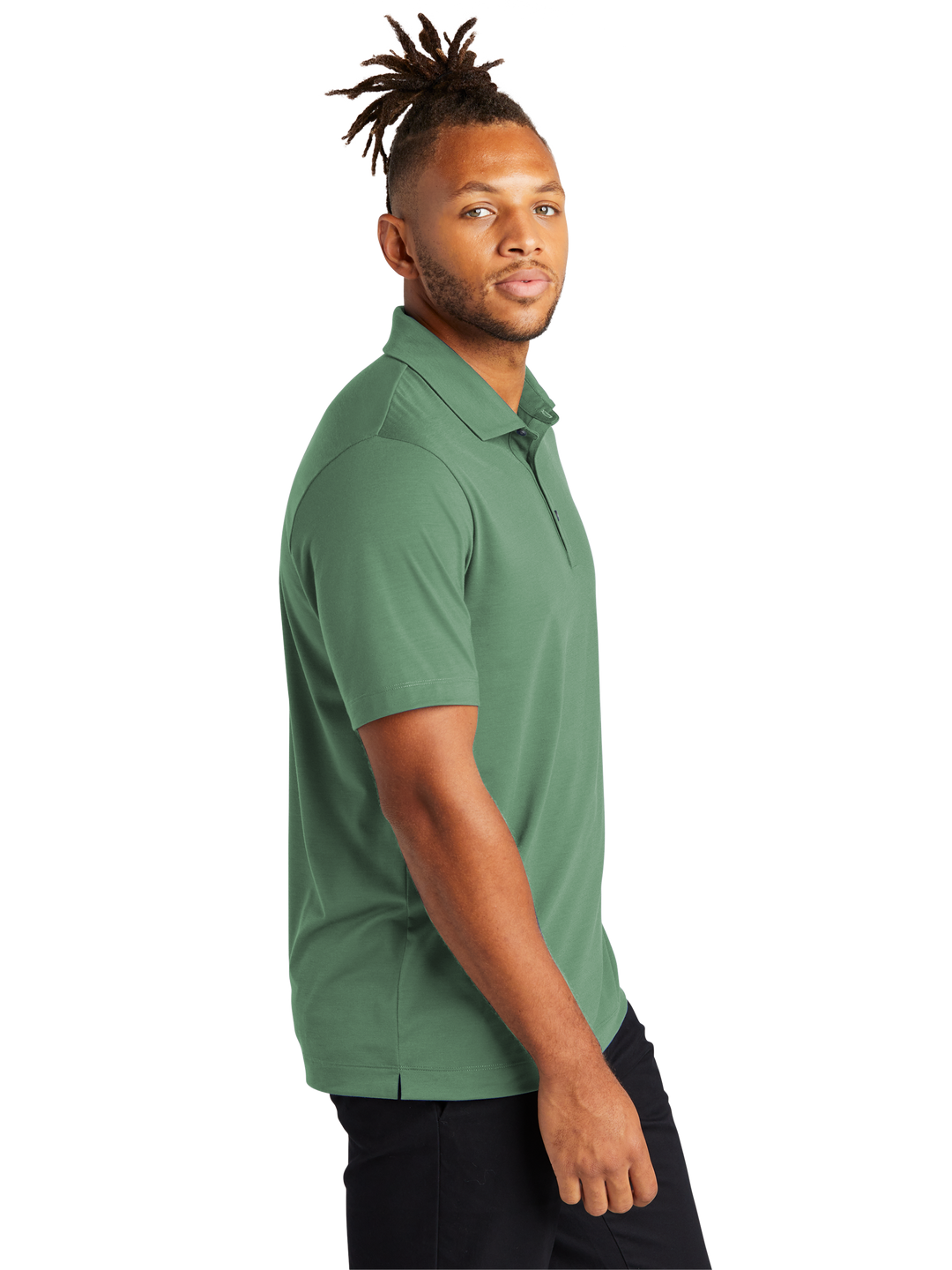Side view of the Mercer+Mettle Stretch Jersey Polo in green, highlighting its breathable fabric and modern design. Great for a stylish and relaxed look.