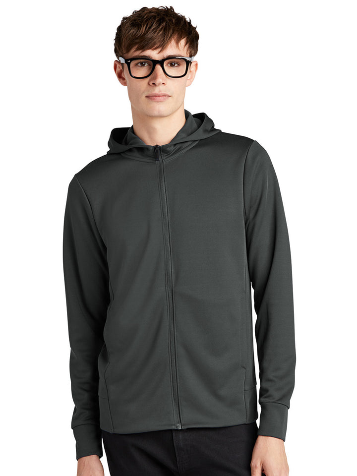 Custom Mercer and Mettle Double Knit Zip Hoodie in charcoal gray, offering a sleek and professional look. Perfect for embroidery or printing.