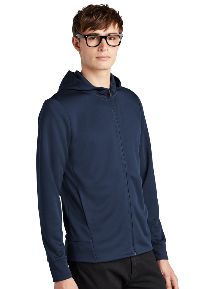 Custom Mercer and Mettle Double Knit Zip Hoodie in navy blue, featuring a sleek full-zip design with a hood. Ideal for casual or professional wear.