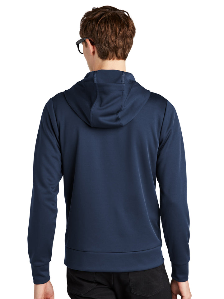 Back view of the Custom Mercer and Mettle Double Knit Zip Hoodie in navy blue, showcasing its smooth fabric and comfortable fit. Perfect for layering.