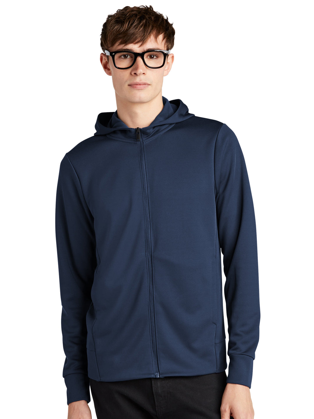 Front view of the Custom Mercer and Mettle Double Knit Zip Hoodie in navy blue, designed for a polished yet casual look. Great for customization.