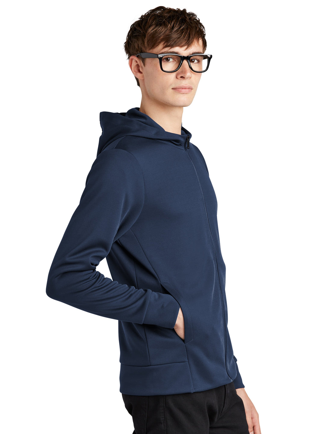 Side view of the Custom Mercer and Mettle Double Knit Zip Hoodie in navy blue, highlighting its tailored fit and zippered front. Stylish and versatile.