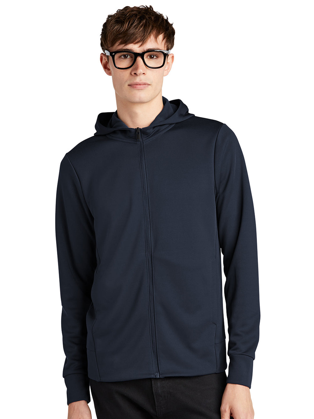 Custom Mercer and Mettle Double Knit Zip Hoodie in navy blue, featuring a modern full-zip design with a hood. Ideal for work or casual outings.