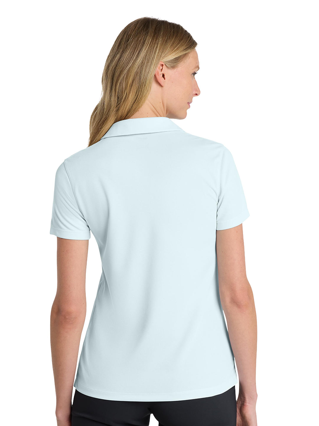 Back view of Custom Nike Women's Dri-FIT Micro Pique 2.0 Polo in white, showcasing sleek fit and moisture-wicking fabric.