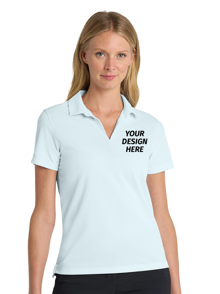 Custom Nike Women's Dri-FIT Micro Pique 2.0 Polo in white with placeholder text for embroidery, ideal for business or team branding.