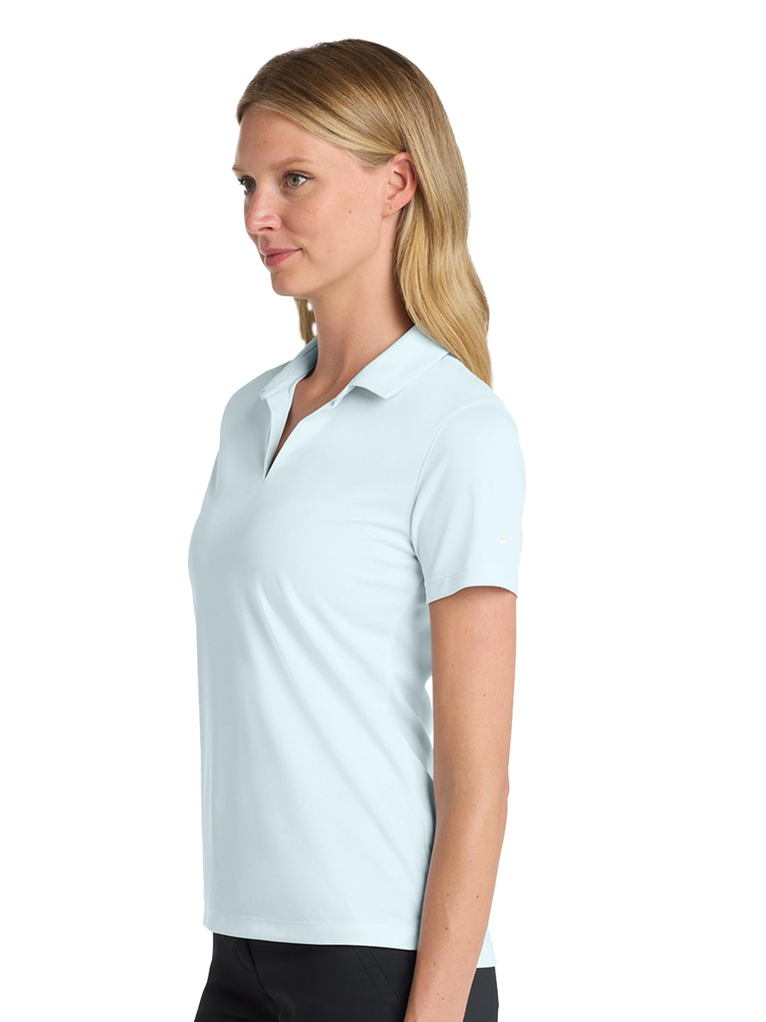 Side profile of Custom Nike Women's Dri-FIT Micro Pique 2.0 Polo in white, highlighting tailored cut and short sleeves.