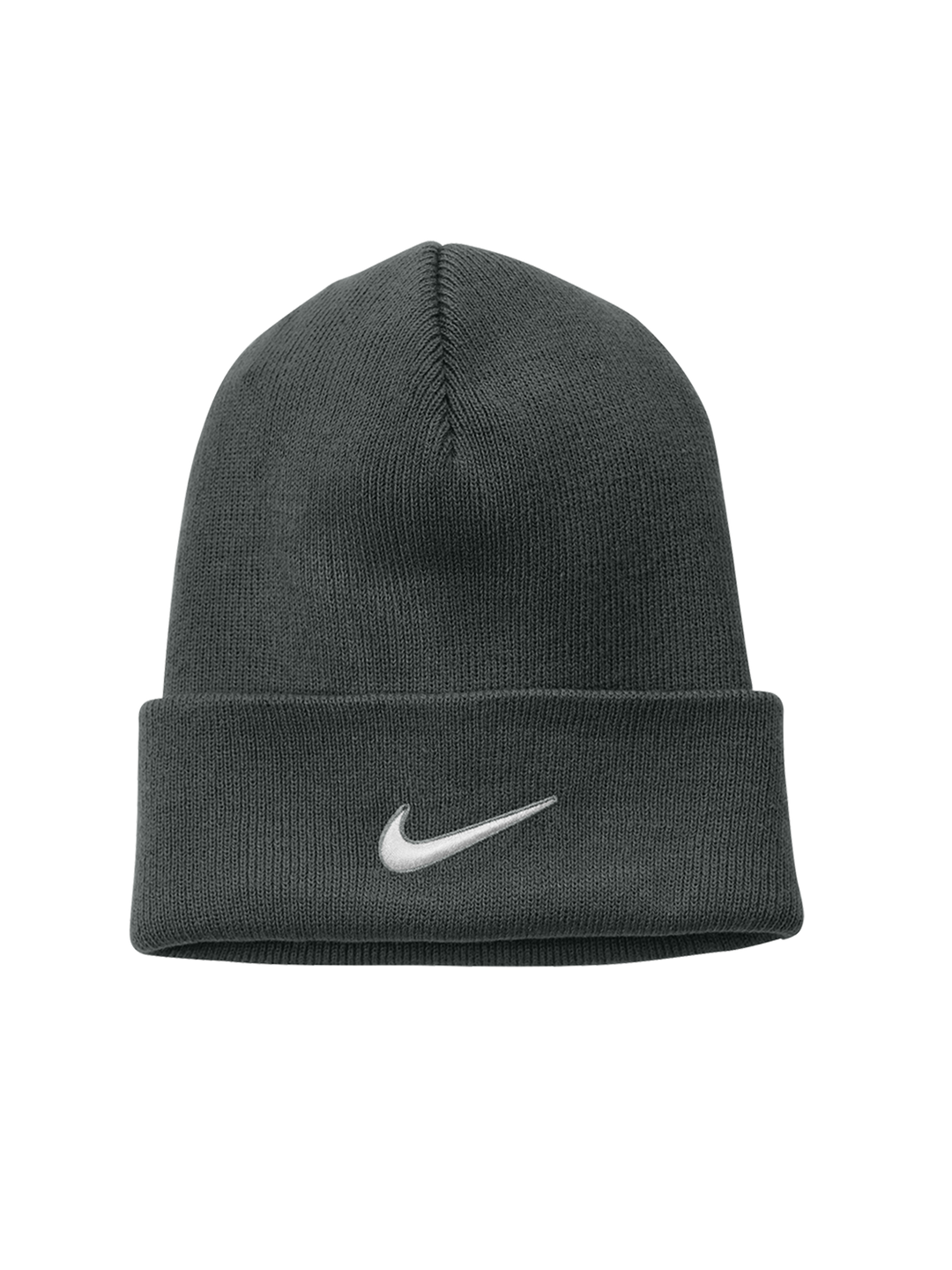 Dark gray Nike Team Cuffed Beanie with a centered white swoosh logo. Made from soft knit fabric for warmth and comfort.