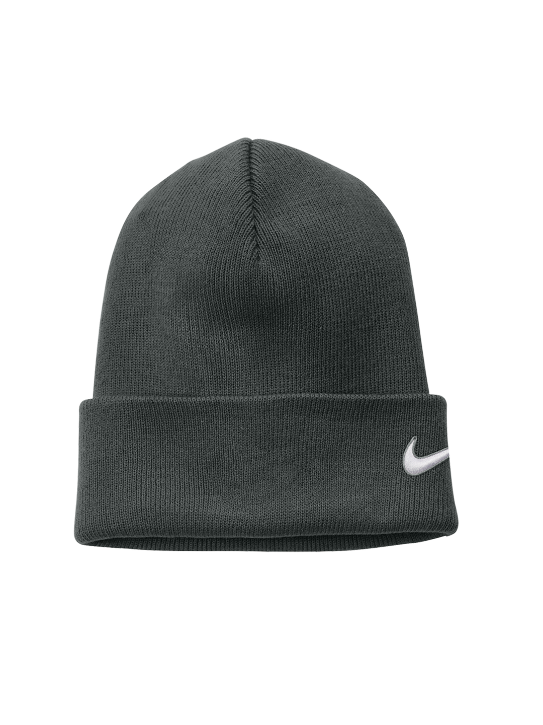 Dark gray Nike Team Cuffed Beanie with an embroidered white swoosh logo on the side of the cuff. Cozy and stylish winter accessory.