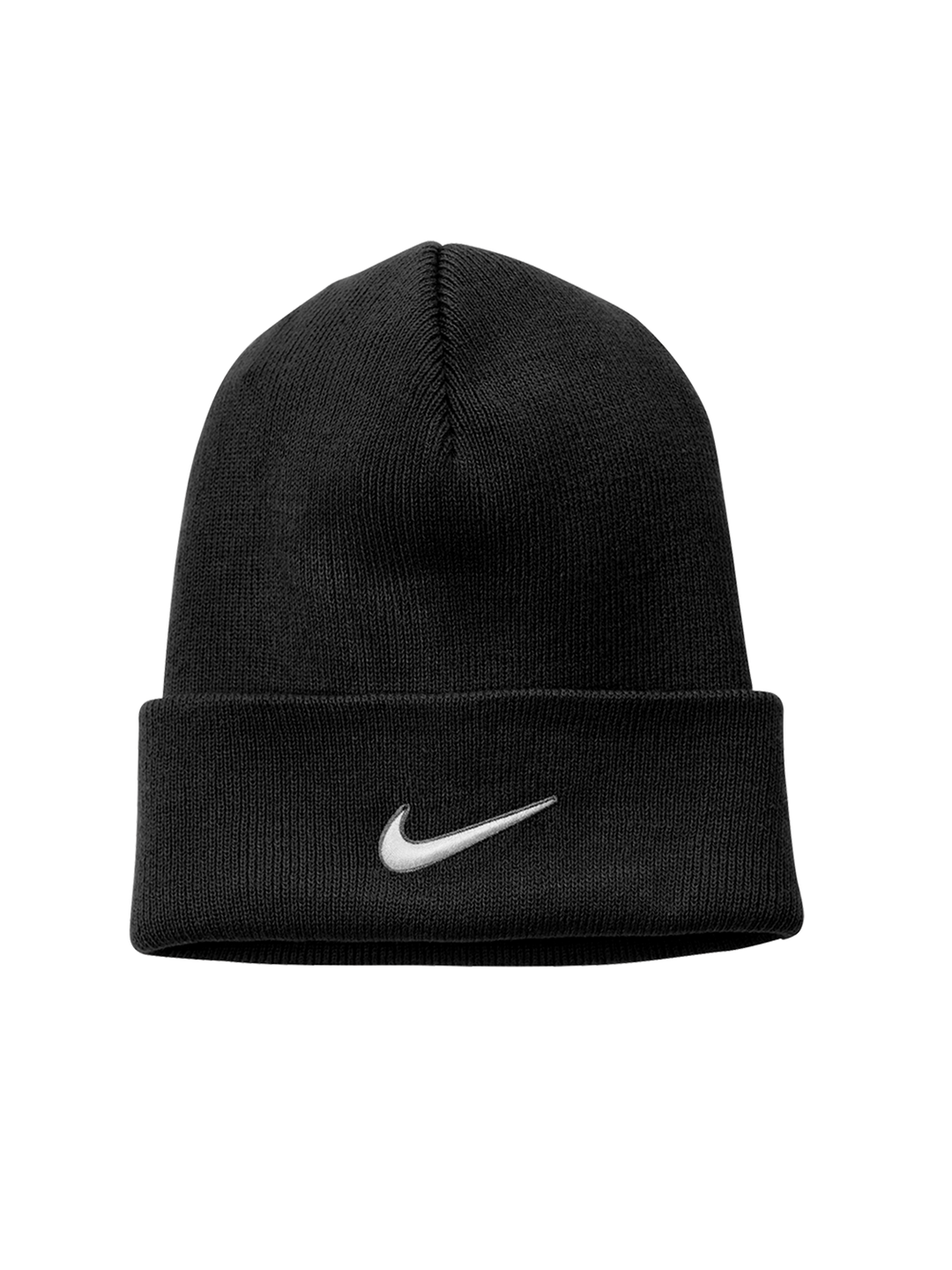 Black Nike Team Cuffed Beanie with a centered white swoosh logo. Classic design with soft knit fabric for warmth and style.