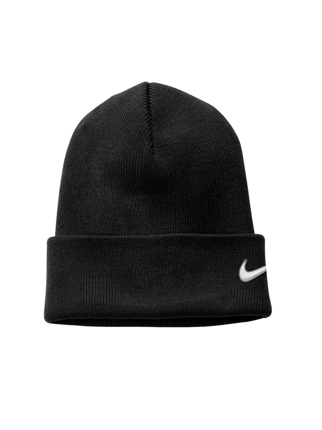 Black Nike Team Cuffed Beanie featuring an embroidered white swoosh logo on the side. A stylish and warm winter essential.