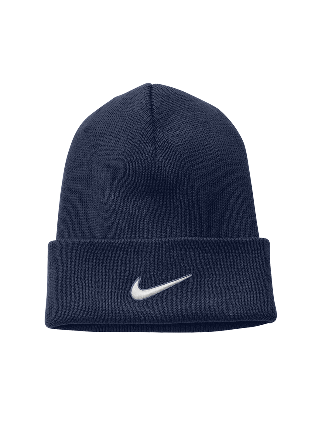 Navy blue Nike Team Cuffed Beanie with a centered white swoosh logo. Soft knit fabric provides warmth and comfort.