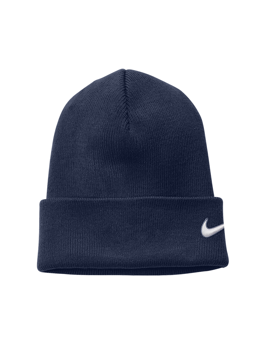 Navy blue Nike Team Cuffed Beanie featuring an embroidered white swoosh logo on the side. A stylish and cozy winter hat.