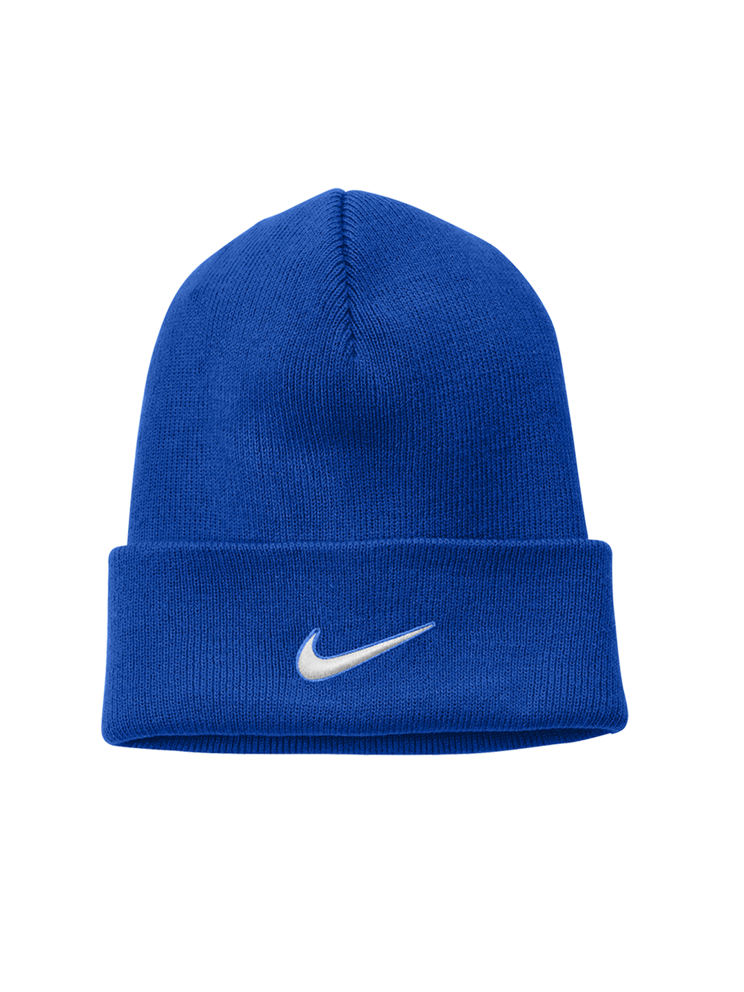 Royal blue Nike Team Cuffed Beanie with a centered white swoosh logo. Made from soft knit fabric for warmth and comfort.