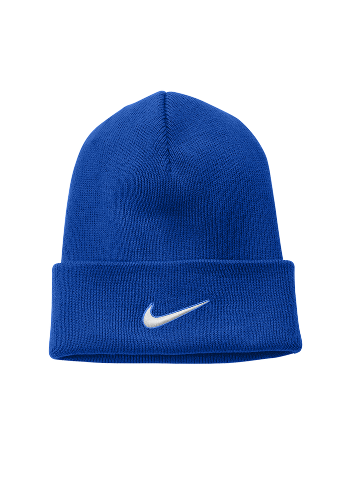 Royal blue Nike Team Cuffed Beanie with a centered white swoosh logo. Made from soft knit fabric for warmth and comfort.