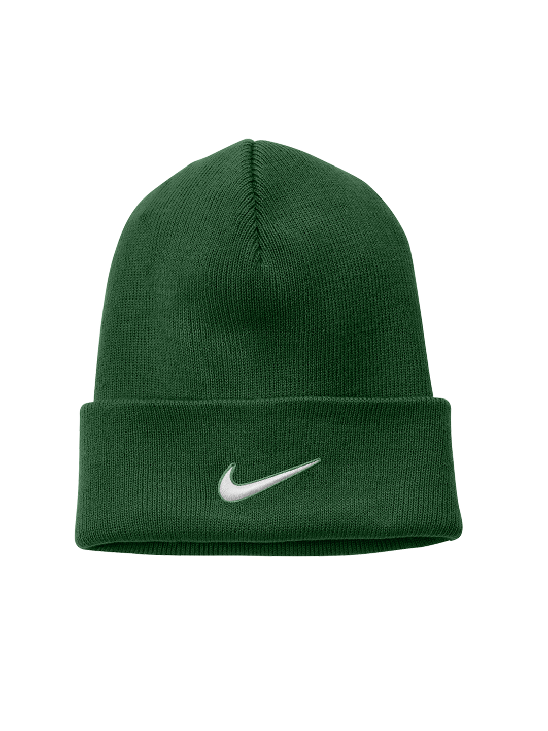 Green Nike Team Cuffed Beanie featuring a centered white swoosh logo on the cuff. Stylish and warm for cold weather wear.