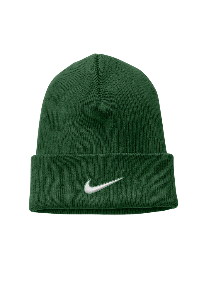 Green Nike Team Cuffed Beanie featuring a centered white swoosh logo on the cuff. Stylish and warm for cold weather wear.