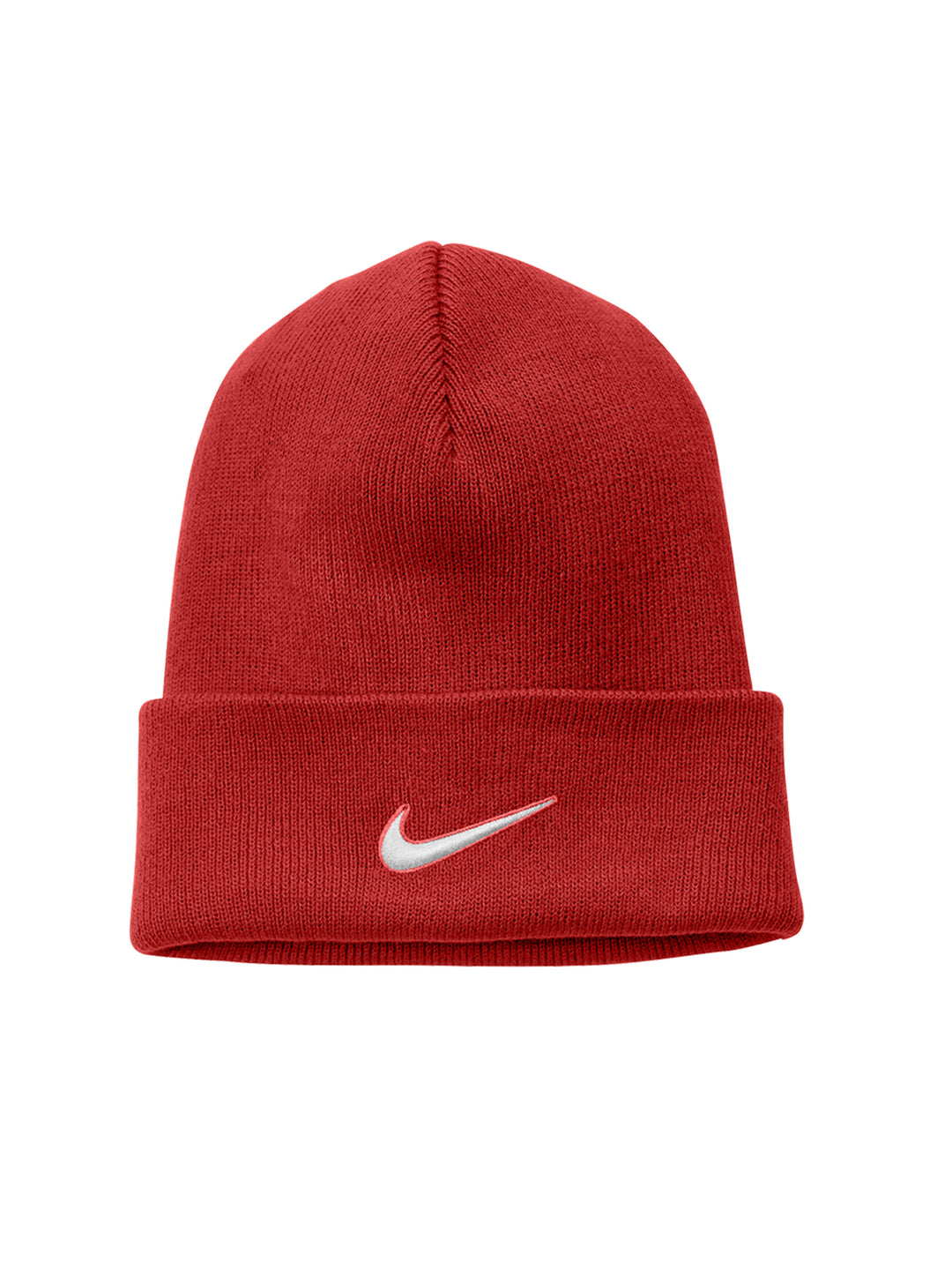 Red Nike Team Cuffed Beanie with a centered white swoosh logo. A bold and stylish winter hat made from soft knit fabric.