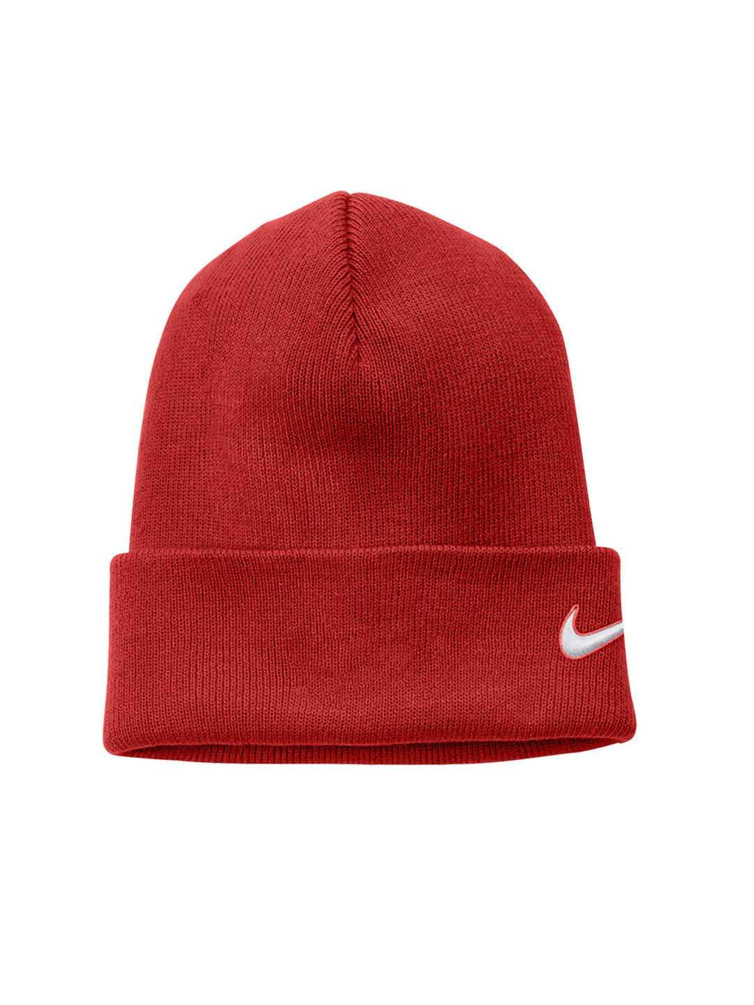 Red Nike Team Cuffed Beanie featuring an embroidered white swoosh logo on the side. Cozy and stylish for cold weather.