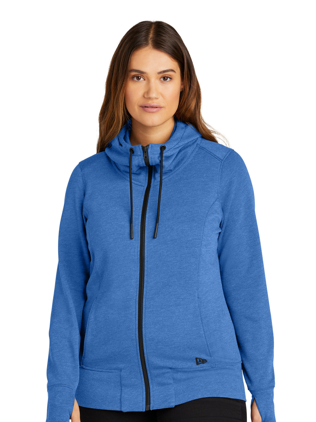 New Era Ladies Tri-Blend Fleece Zip-Up Hoodie in royal blue, featuring a soft cotton, polyester, and rayon blend with a full-zip front and drawstring hood.