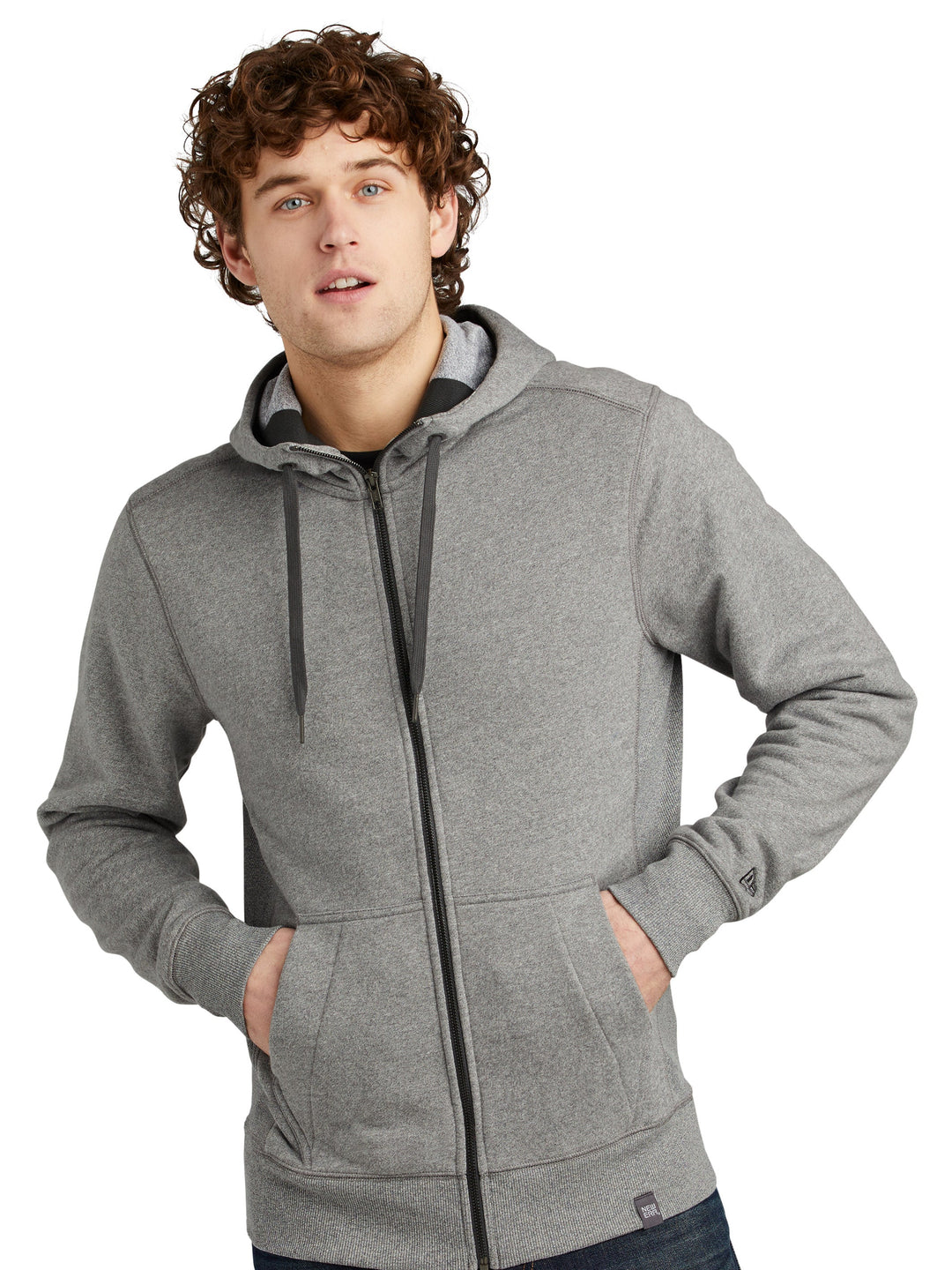 New Era French Terry Full Zip Hoodie in gray, featuring a soft cotton-poly blend with a sueded finish. Stylish and comfortable for casual wear or customization.