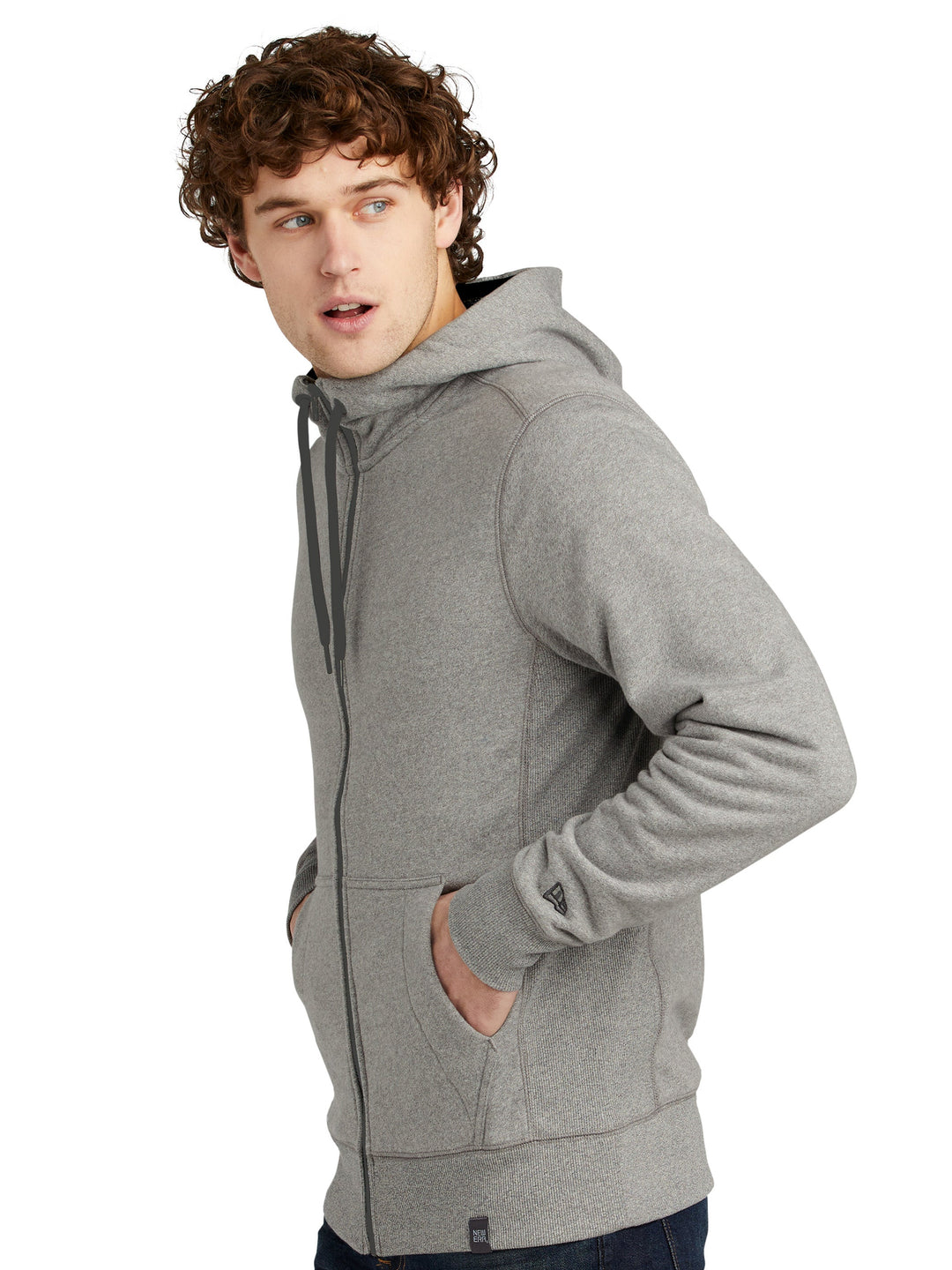 Side view of the New Era French Terry Full Zip Hoodie in gray, showcasing its tailored fit, front pockets, and adjustable hood for a modern, sporty look.