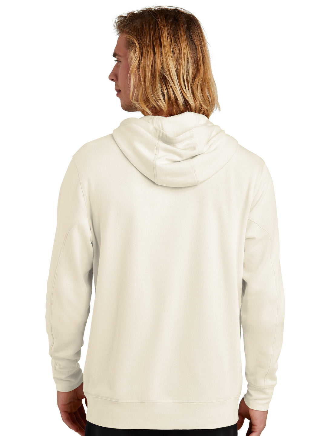 Back view of the New Era Tri-Blend Fleece Hoodie in off-white, highlighting its relaxed fit, smooth fabric, and comfortable hood design.