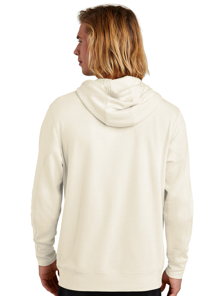 Back view of the New Era Tri-Blend Fleece Hoodie in off-white, highlighting its relaxed fit, smooth fabric, and comfortable hood design.