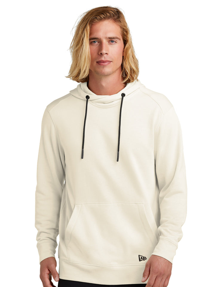 New Era Tri-Blend Fleece Hoodie in off-white, featuring a lightweight 7.1 oz 55/34/11 blend with a front pocket and adjustable drawstring hood.