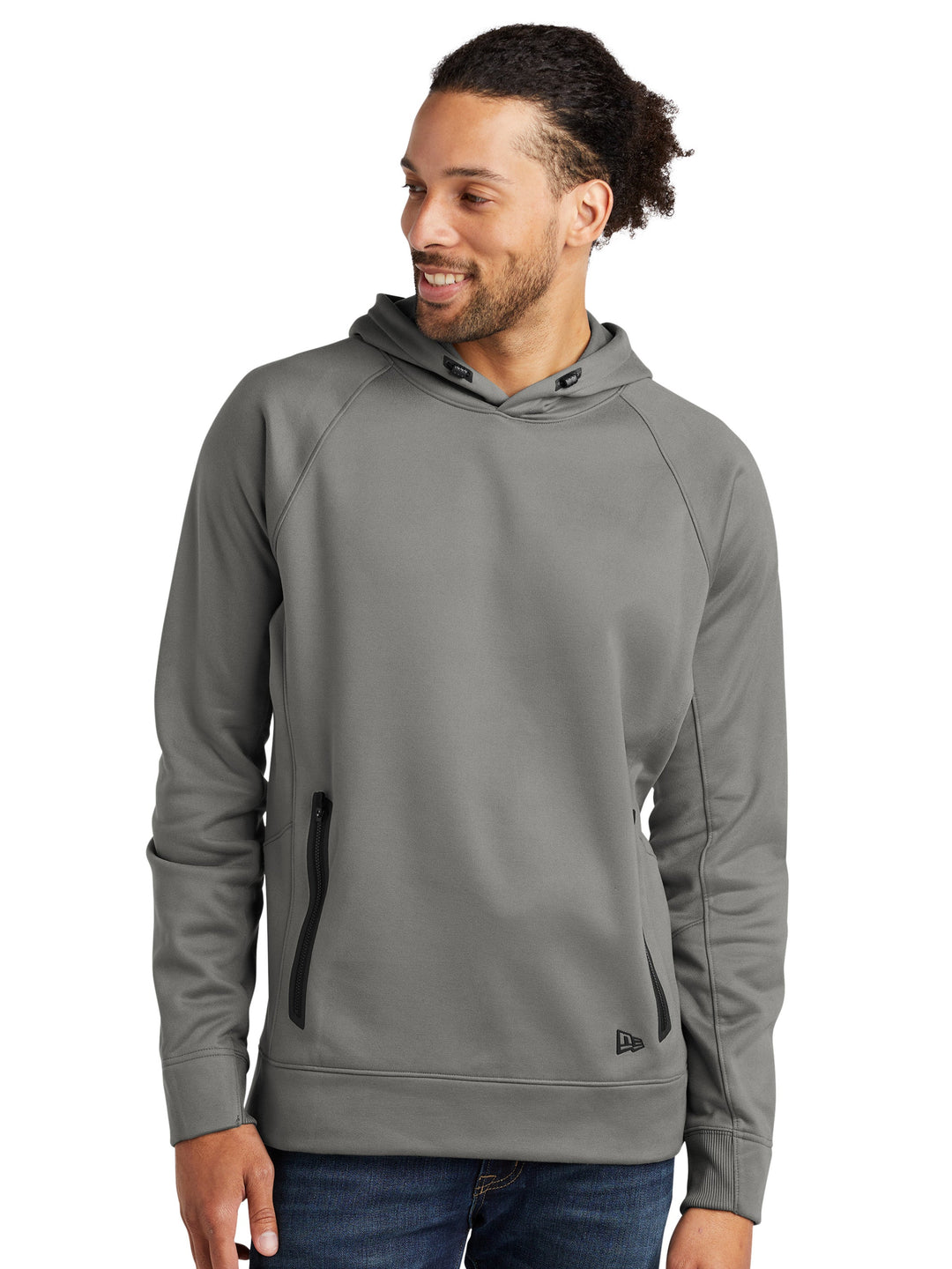 New Era Venue Fleece Hoodie in gray with moisture-wicking polyester fabric, raglan sleeves, and welded zippered pockets for a stylish and functional look.