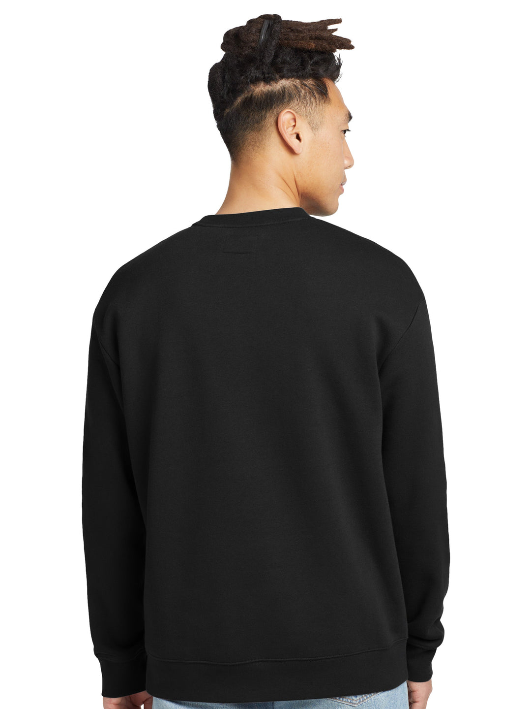 Back view of the New Era Heritage Fleece Pocket Crewneck in black, highlighting its clean design and premium fleece material. Great for custom branding.